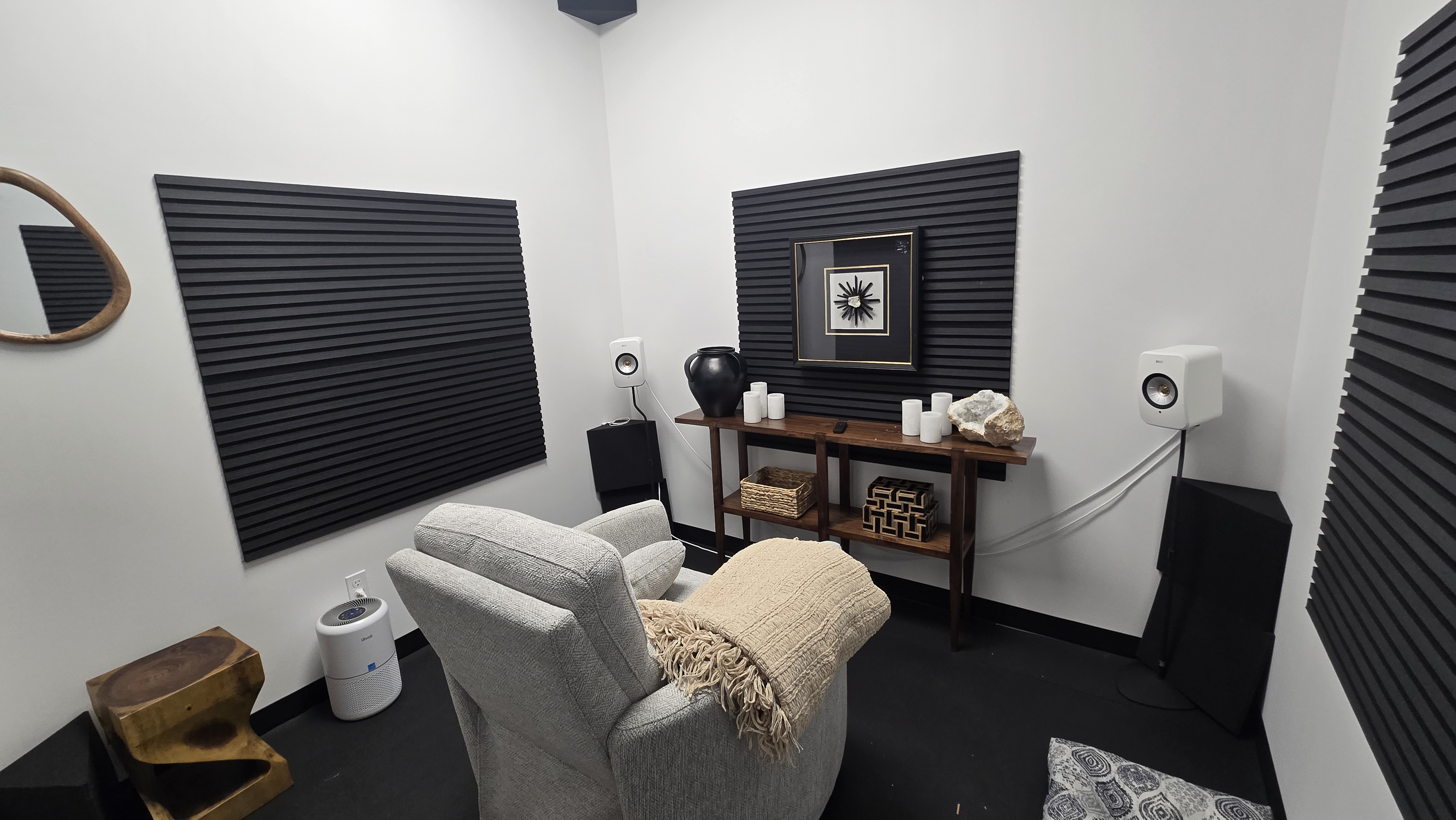 The RaagVeda acoustic sound healing room with high-fidelity KEF speakers and recliner chair, Toms River NJ