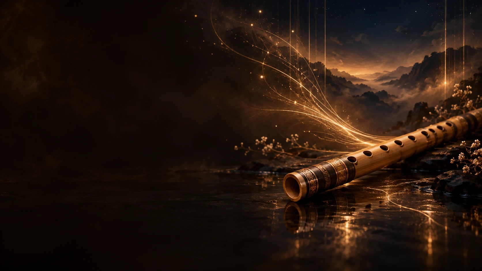 A bamboo bansuri surrounded by luminous golden trails in a dark, dreamlike landscape